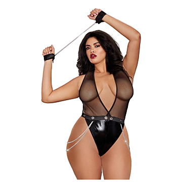 Faux-Leather Deep Plunge Halter Teddy
