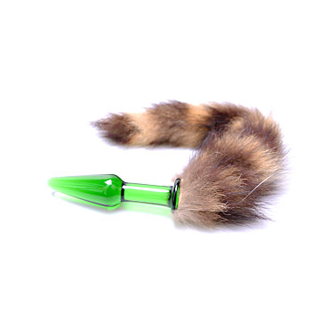 Small Glass Butt Plug with Fox Tail - Brown Stripes - Green Glass