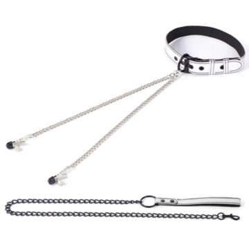 Fetish Play Set Collar-Clam with Nipples-Leash, Silver