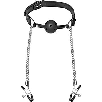 Mouth Gag with Nipple Clamps - Black