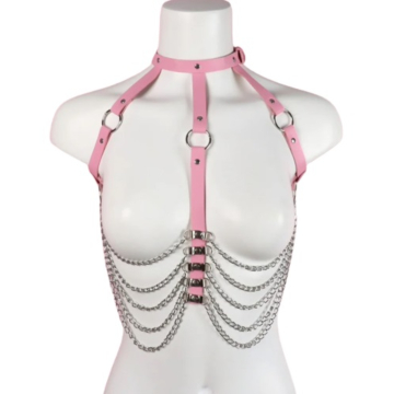 Sexy Harness with Chains and Eco Leather - Pink  S-L