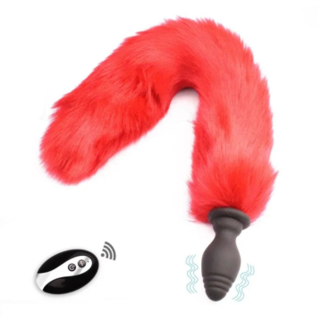 Anal Plug with Tail, 10 Vibration Modes, Remote Control, Silicone, USB, Red