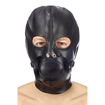 Fetish hood with strap and mouth cover