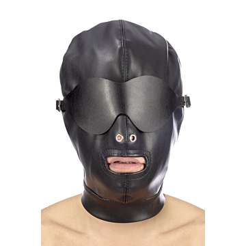 Fetish hood with strap and eye cover