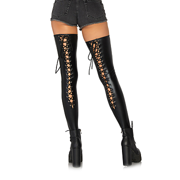 Wetlook lace up thigh highs