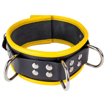 Leather Necklace - 3 D Rings - Black/ Yellow