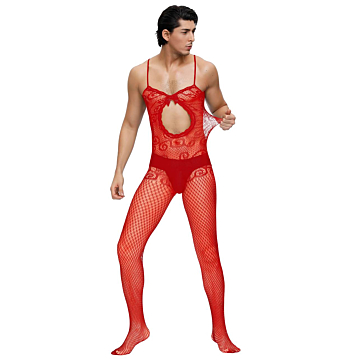 Sexy Red Crocheted Fishnet Bodystockings For Men