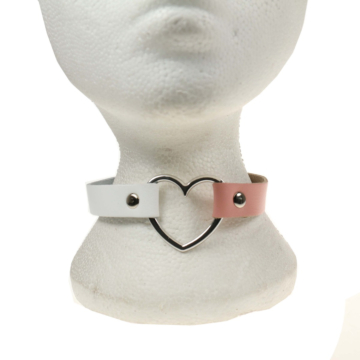 Handmade Row Heart Fitting Leather Choker Collar (White/Pink) - BULLET69 - Necklace BDSM