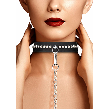 Ouch! Diamond Studded Collar With Leash  - Black