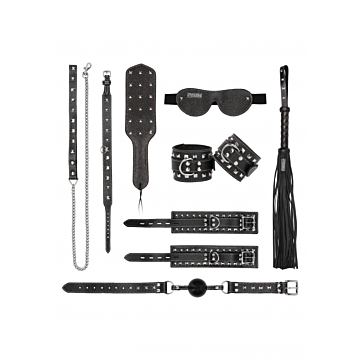 Ouch! Pain 7Pcs - Leather Studded Bondage Kit - Black