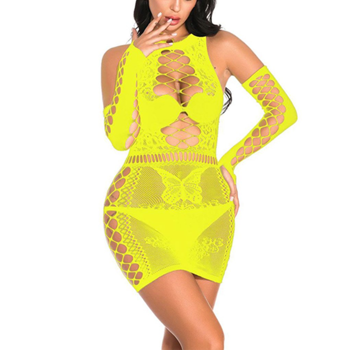 Spicy Mini Dress with Long Gloves Yellow