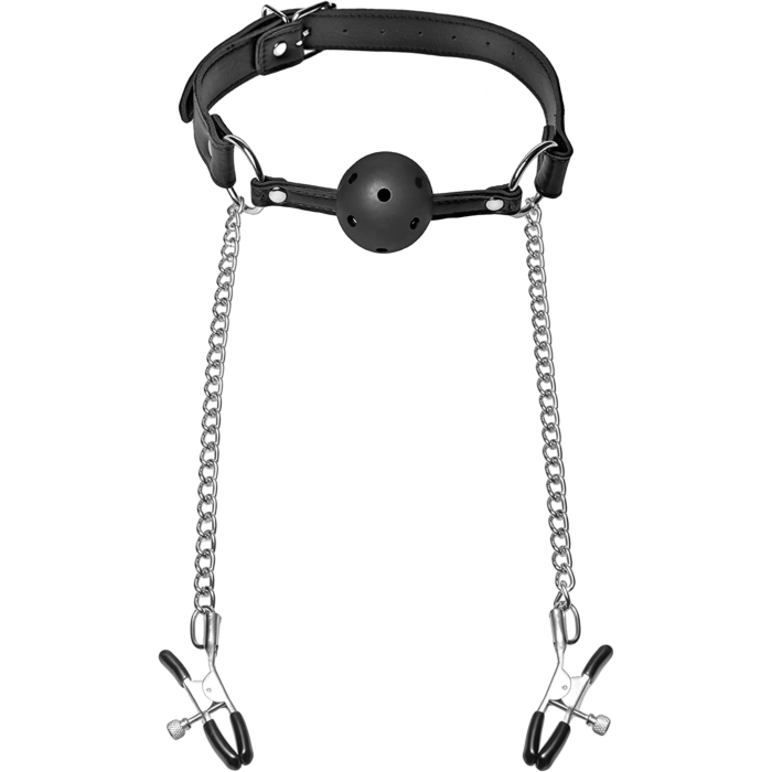 Mouth Gag with Nipple Clamps - Black