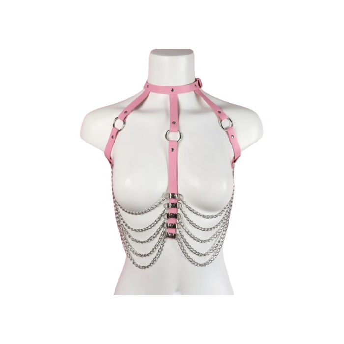 Sexy Harness with Chains and Eco Leather - Pink  S-L