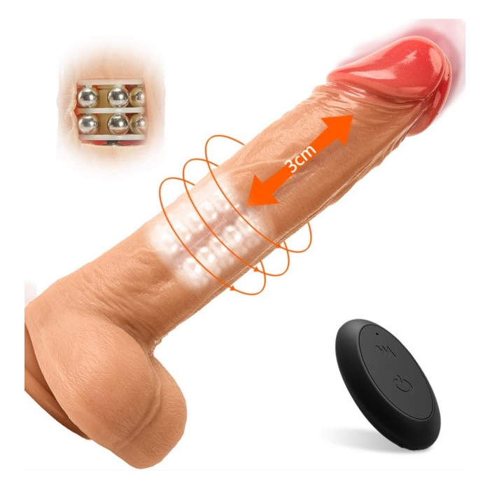 Realistic Thrusting Silicone Vibrator George with Balls and Remote Control 21.5 cm