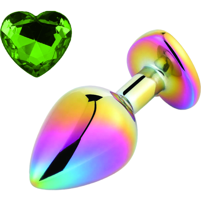 Anal Plug Rainbow Buttplug Small, Heart Shape, Green Stone