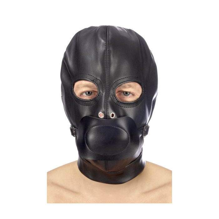 Fetish hood with strap and mouth cover