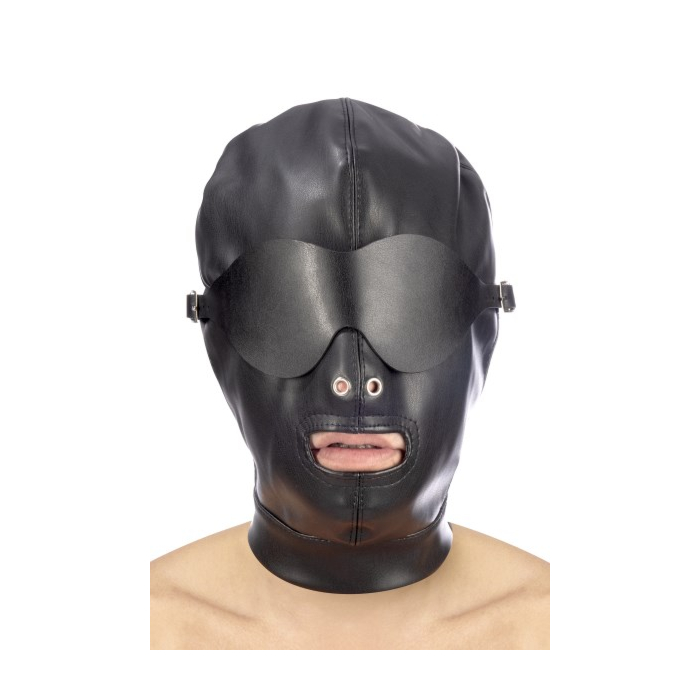 Fetish hood with strap and eye cover