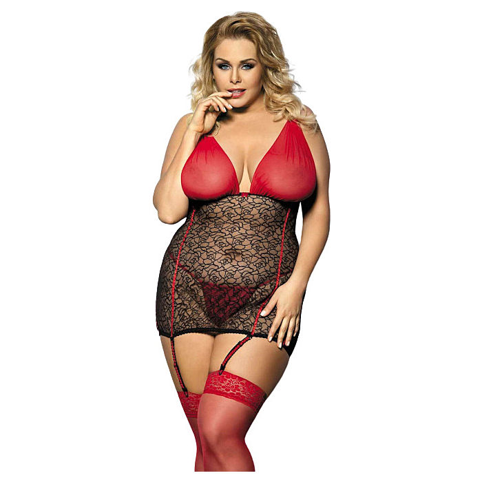 Anais Apparel Yammy Plus Size Babydoll & Thong Red Black
