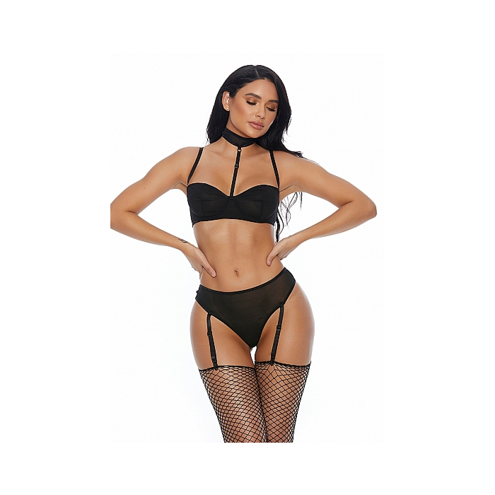 Right Sheer Right Now Bra and Panty with Garter Straps - Black