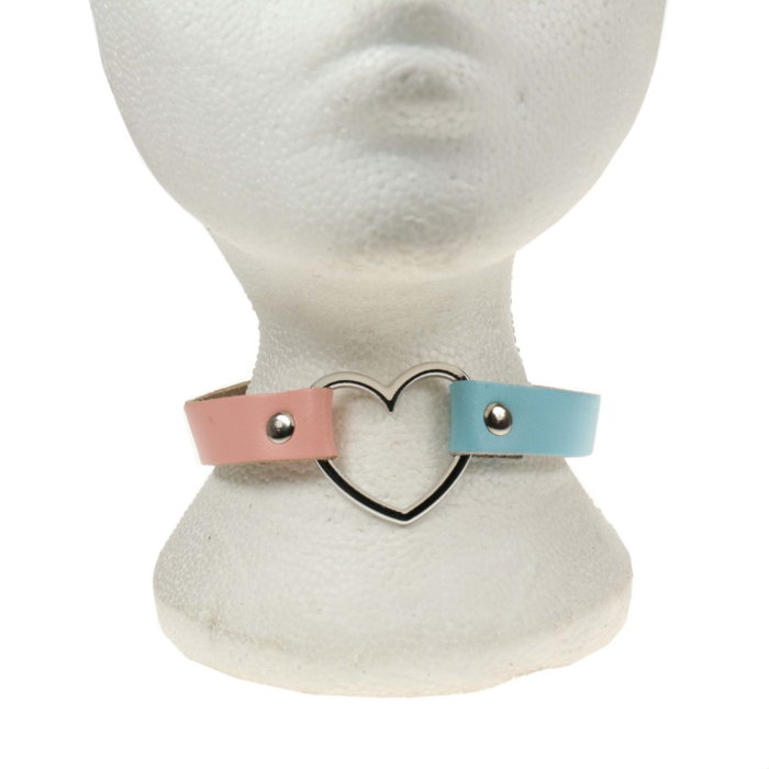 Handmade Row Heart Fitting Leather Choker Collar (Pink/Blue) - BULLET69 - Necklace 