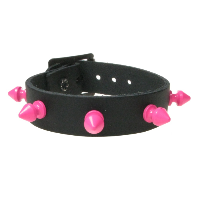 Leather Handmade Black Wristband with Pink Spikes - BDSM